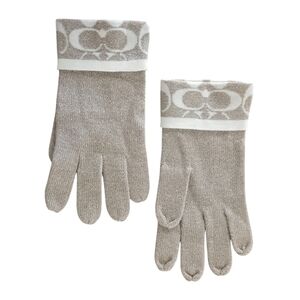 Coach Signature Metallic Knit Gloves O/S Gold Beige Wool Blend Logo Cuff
